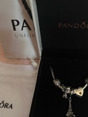 Pandora Silver Charm Bracelet with Eiffel Tower, Heart and Dog Charms
